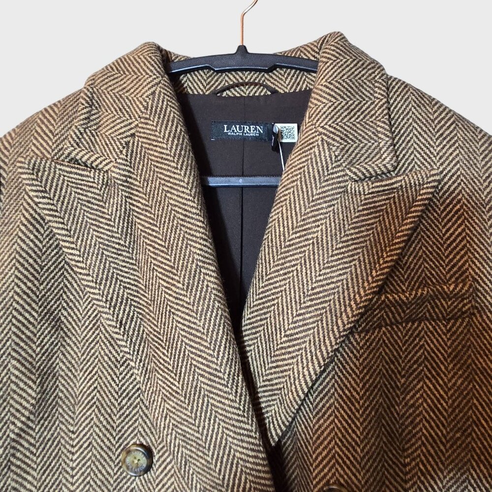 Ralph Lauren Double-Breasted Herringbone Coat 14 Tan Multi Wool Academia NWT - Picture 8 of 13